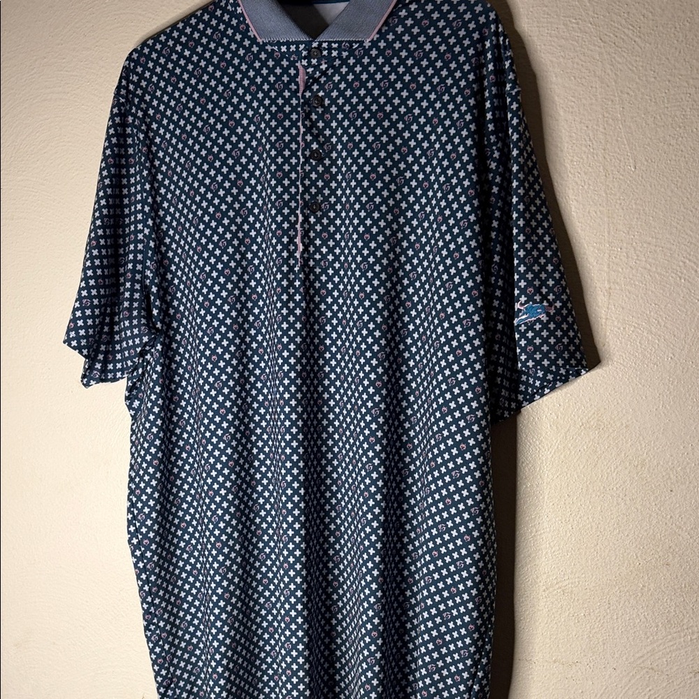 Greyson Navy & White Geo-Print Polo with Pink Trim